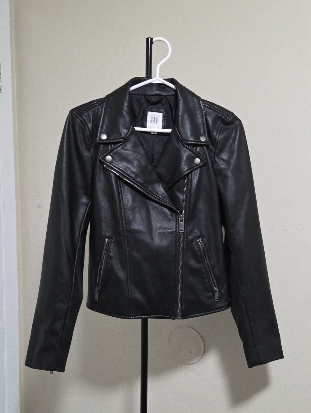 GAP Black Faux Leather Moto Jacket with Asymmetrical Zip